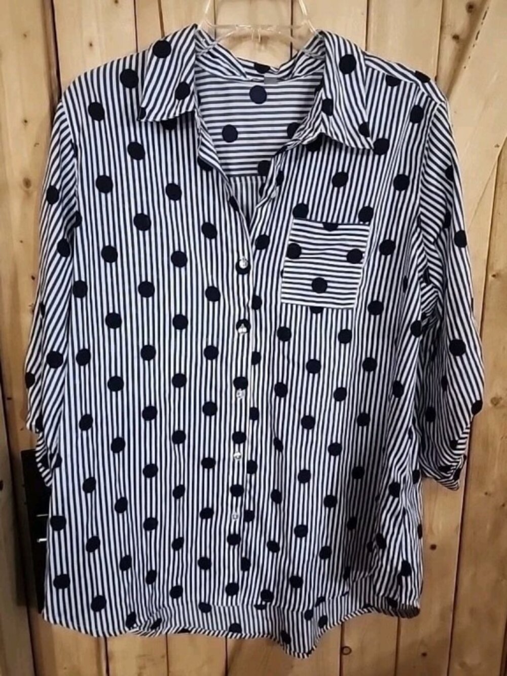 Polkadot Striped Blue Shirt Button Up Rebecca Malone Women's 1x Fun Pattern